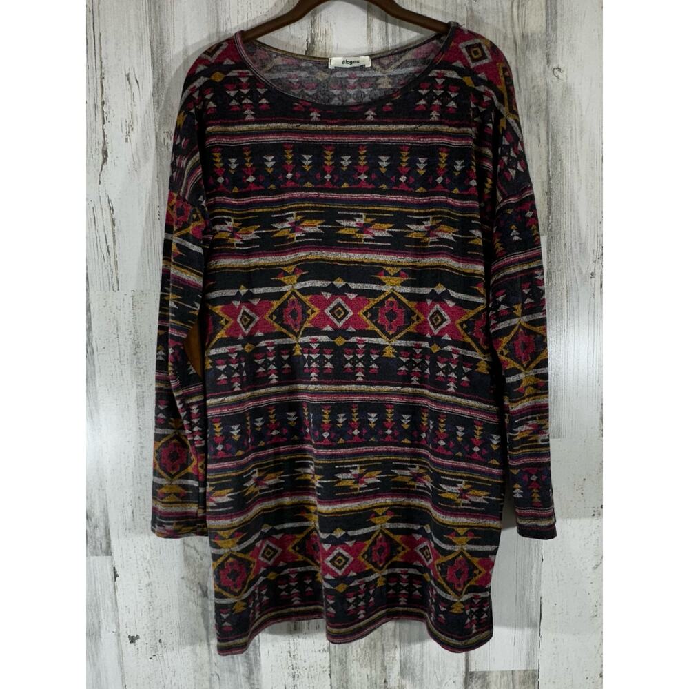 Eloges‎ Womens Tunic Sweater Size Large Southwest Aztec Print Elbow Patches
